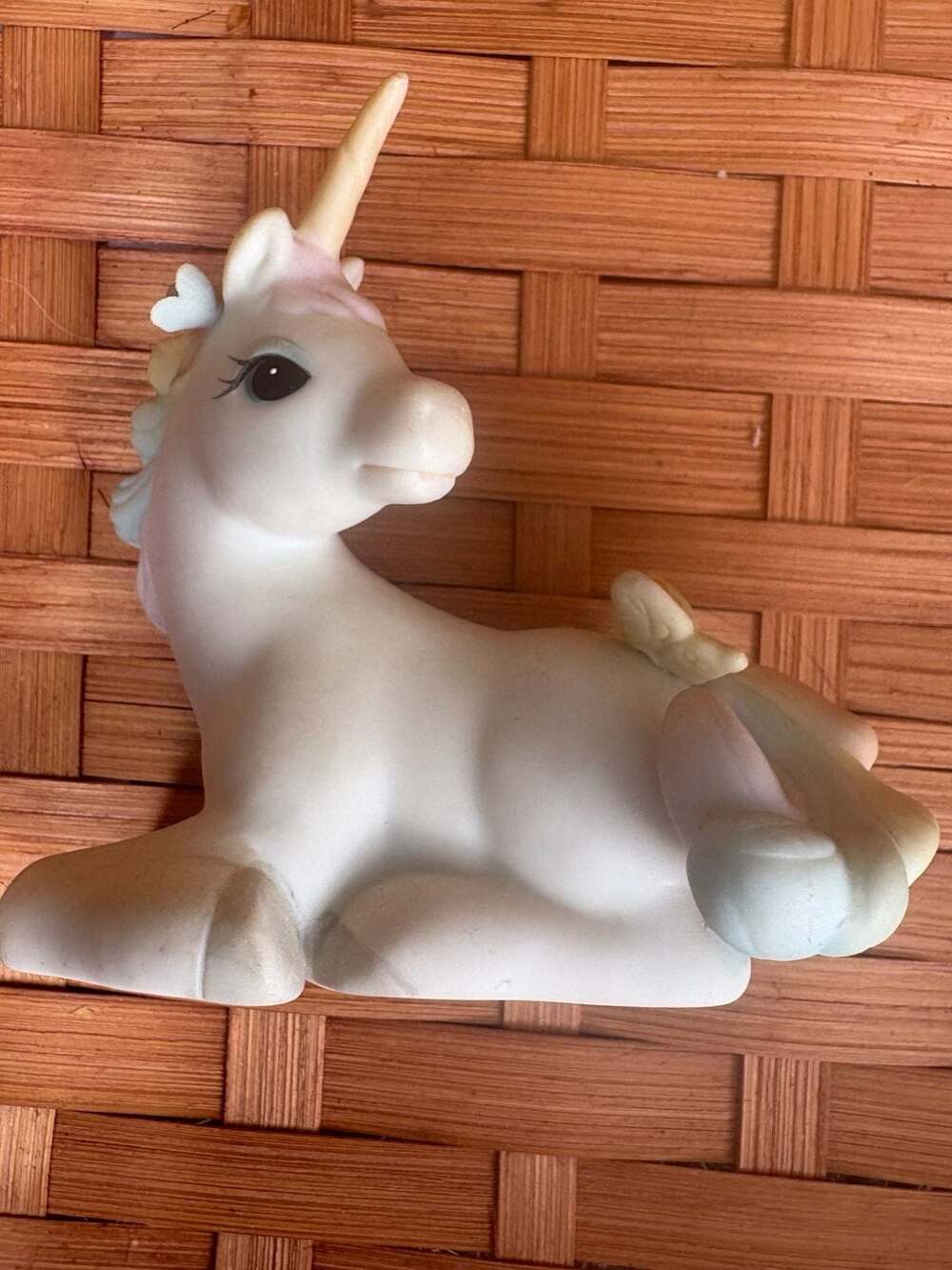 Vintage 1983 Enesco Ceramic Sitting Unicorn Figurine with Pastel Mane and Butter